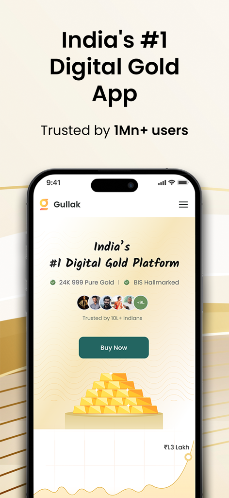 Gullak mobile app home screen showing digital gold investment features and 24K pure gold savings