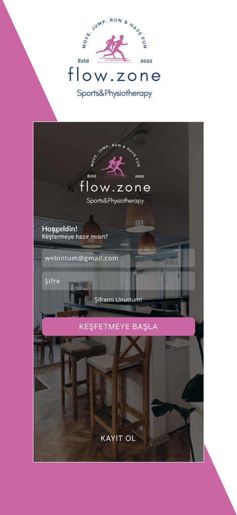 Flow Zone - Pantalla de inicio de sesión de la aplicación de deportes y fisioterapia Flow Zone