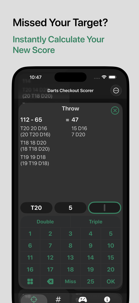 Darts Checkout Scorer - Darts Checkout Scorer app interface for calculating new scores and suggesting finish routes