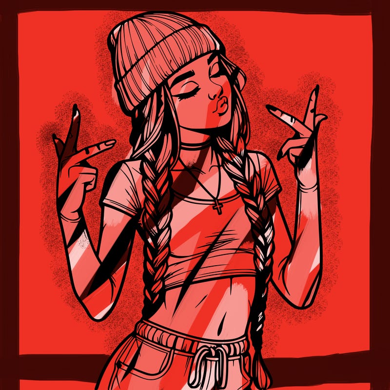 realistic teenage girl with braids and a beanie and crop top doing 🫶🏼