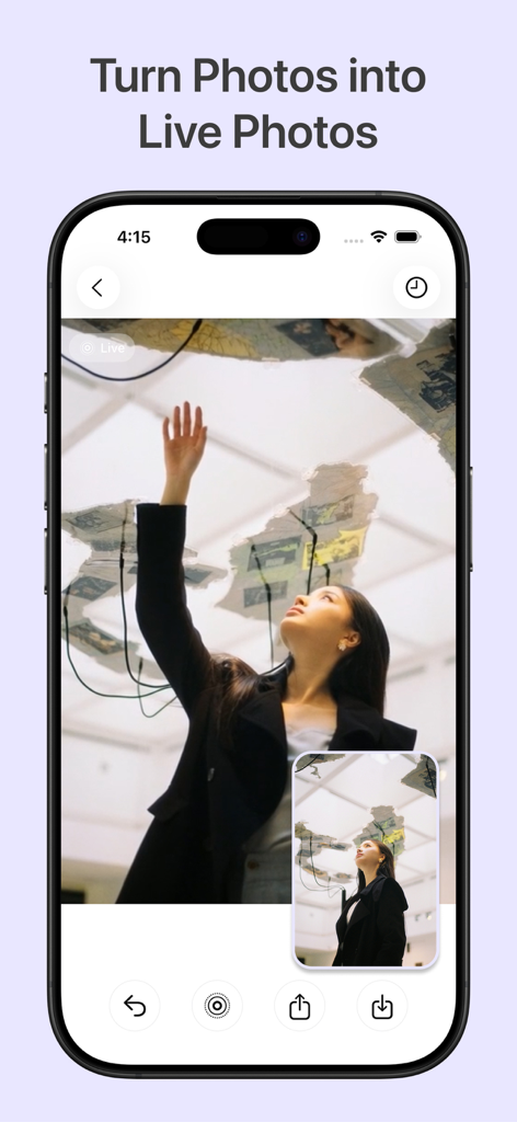 GenLive: AI Video & Live Photo - Schermata dell'app GenLive che dimostra la conversione di una foto statica in una Foto Live
