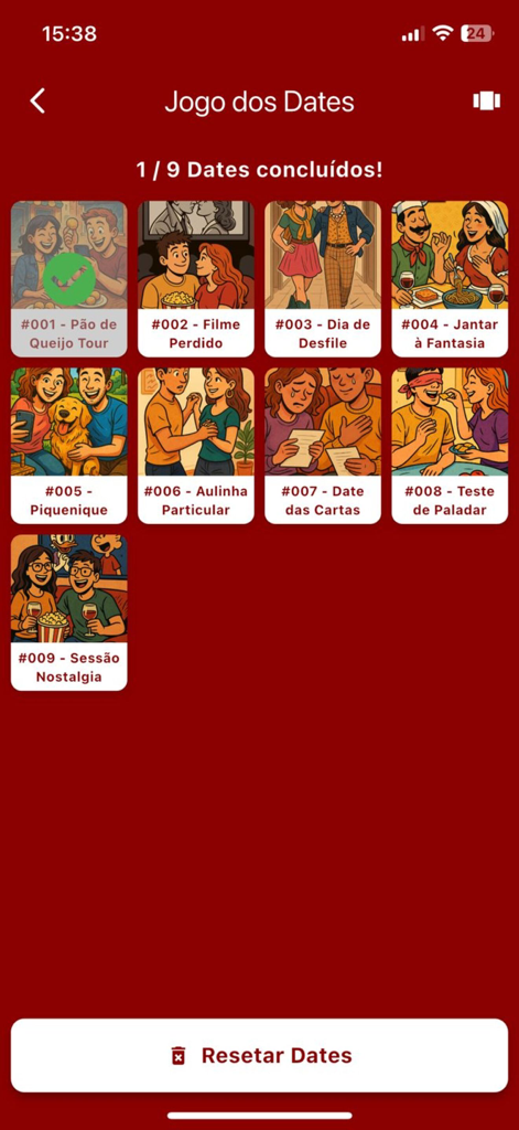 Passatempo - Passatempo 앱 화면에는 다채로운 일러스트가 있는 9가지 창의적인 데이트 챌린지 모음이 표시됩니다