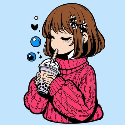 manga girl drinking boba in cozy sweater