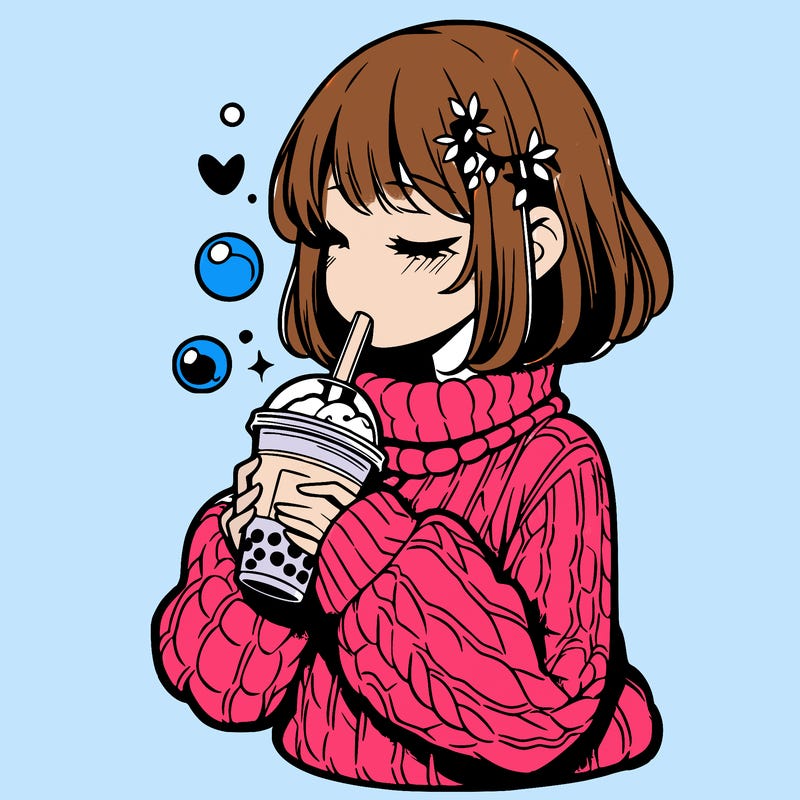 manga girl drinking boba in cozy sweater