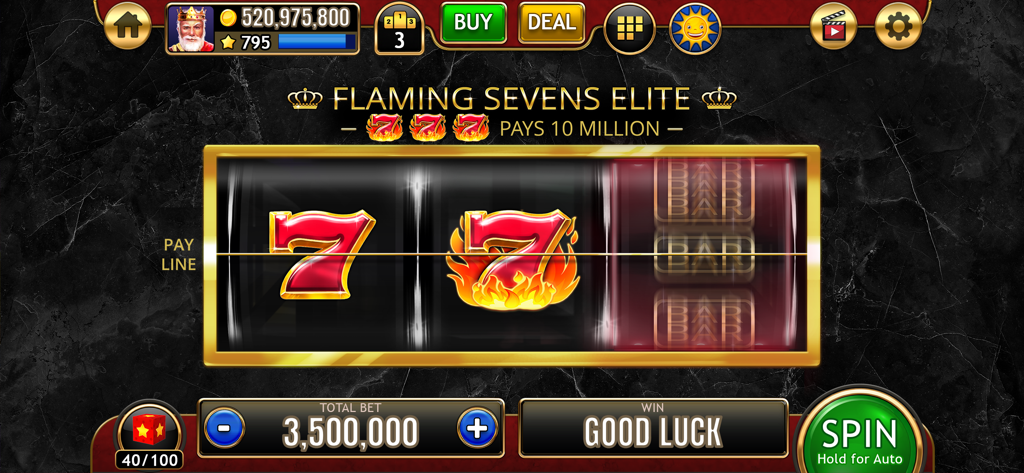 777 Classic Slots Galaxy - Classic three reel slot machine game screen featuring flaming sevens symbols