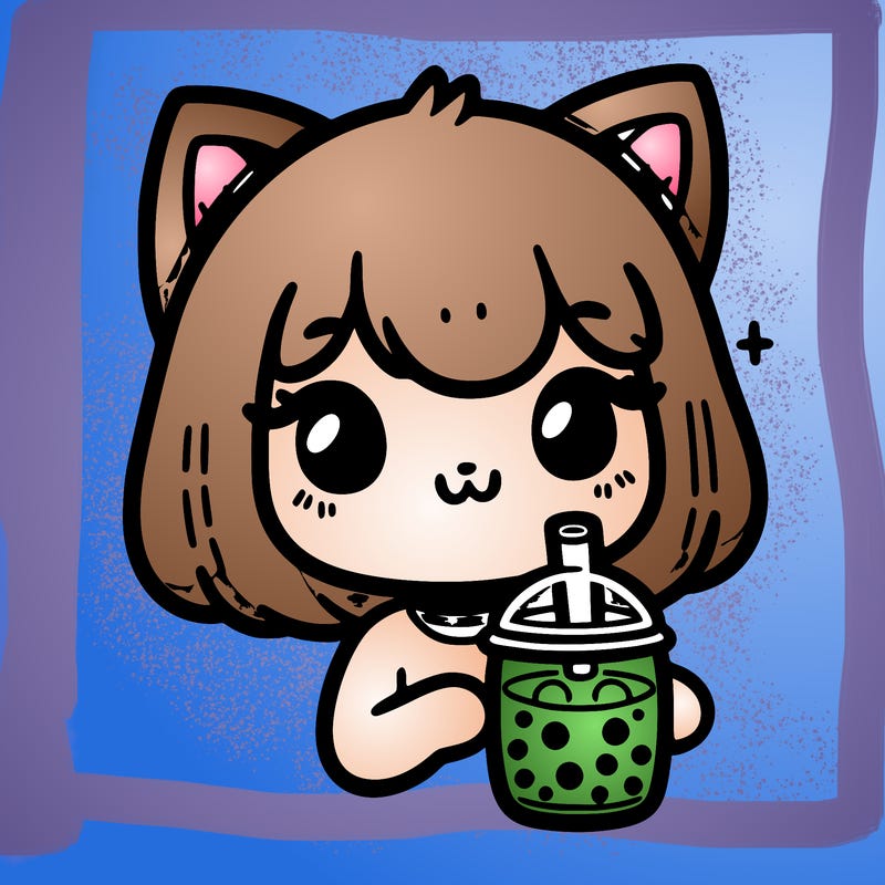 cute human cat girl drinking boba