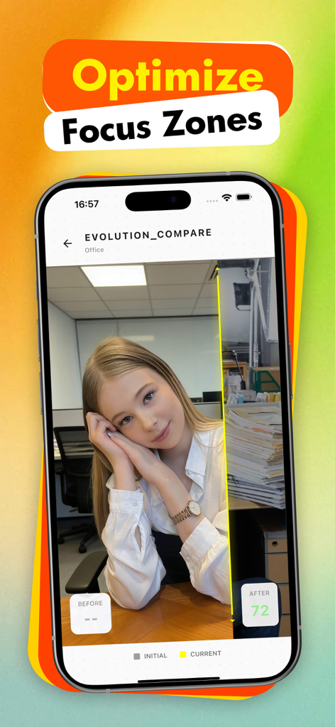 Flock - Foucs Life - Interfaz de la aplicación Flock mostrando una comparación antes y después de las zonas de enfoque del espacio de trabajo y las puntuaciones de enfoque
