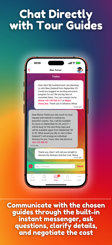 Private Guide World - Interface of the Private Guide World app showing a direct chat between a traveler and a local tour guide.