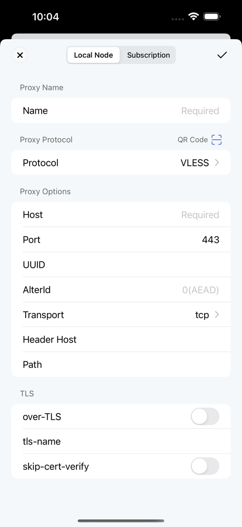 Loon - Loon app interface for configuring a VLESS proxy node.