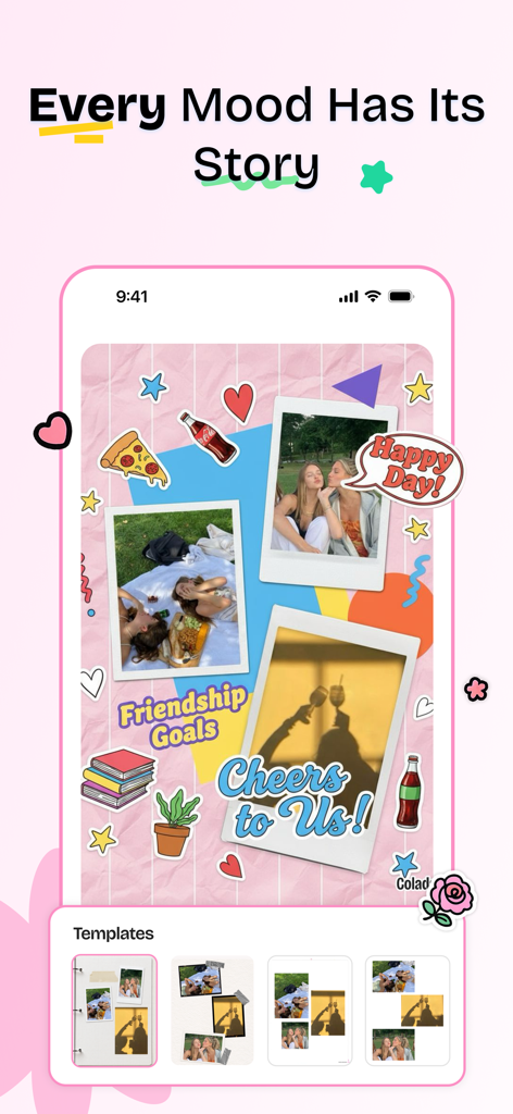 Digital scrapbook collage with polaroid photos and colorful aesthetic stickers in the ColadaPic app.