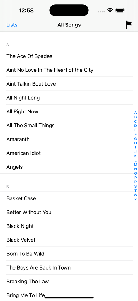 My Lyric Book - An alphabetical list of song titles in the My Lyric Book app