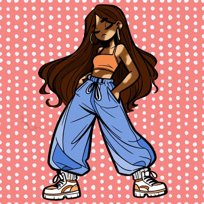 girl in baggy pants crop top and long hair