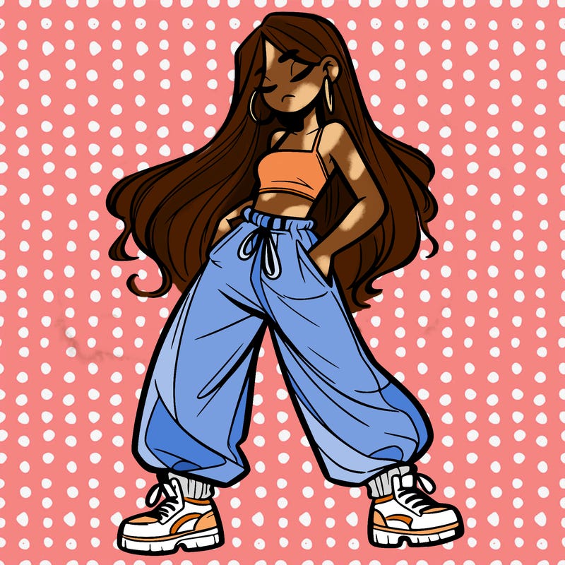 girl in baggy pants crop top and long hair