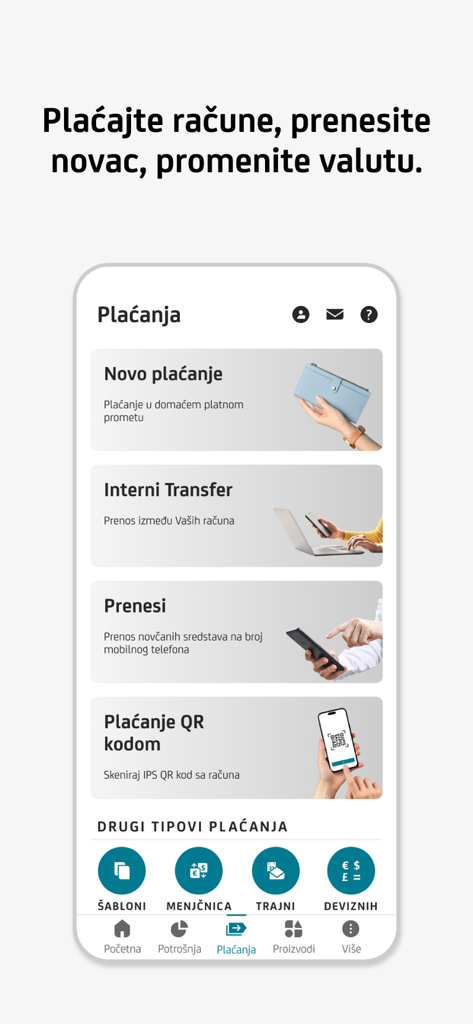 mBanking - mBanking app interface showing various payment options including internal transfers and QR code payments