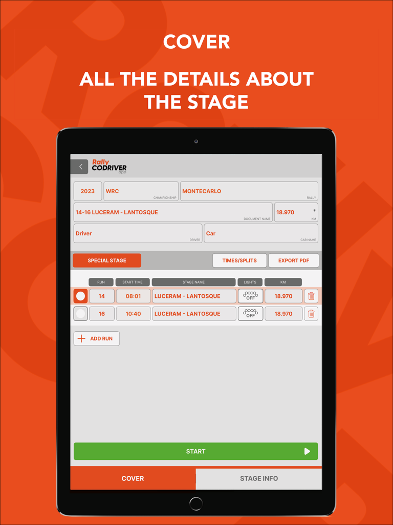 Rally Codriver - Interfaccia dell'app Rally Codriver per iPad che mostra le informazioni della tappa per il WRC Monte Carlo, inclusi tempi di percorrenza e distanza