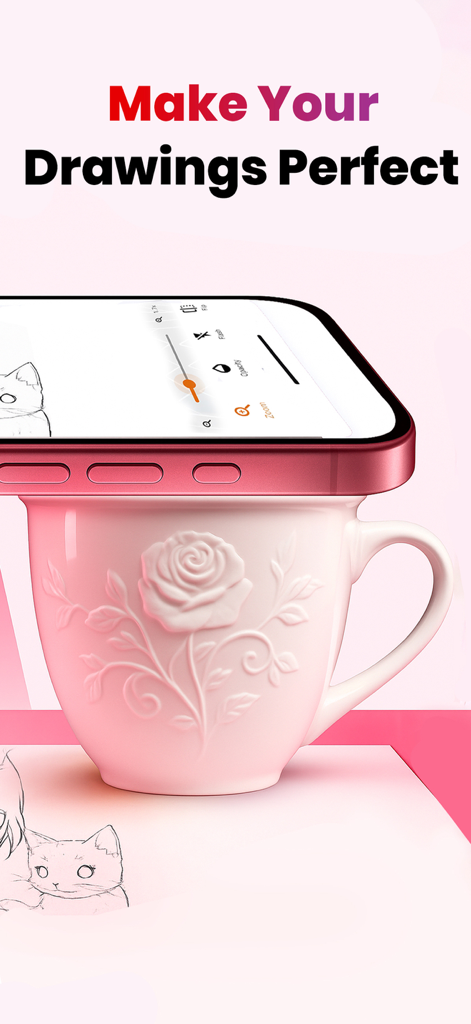 AR Drawing: Trace & Sketches - A smartphone using AR Drawing app technology to trace a cat illustration onto paper