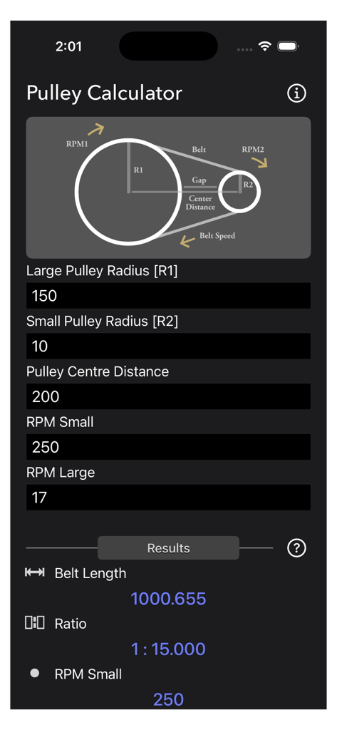 Pulley Calculator interface showing belt length and pulley ratio results