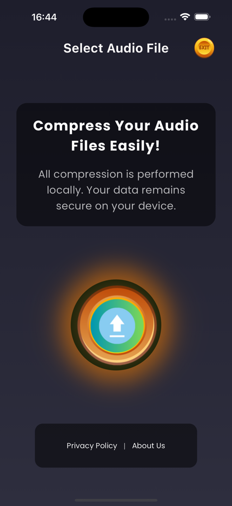 Audio Compressor MP3 - Home screen of the Audio Compressor MP3 app featuring a central upload button and local data security message
