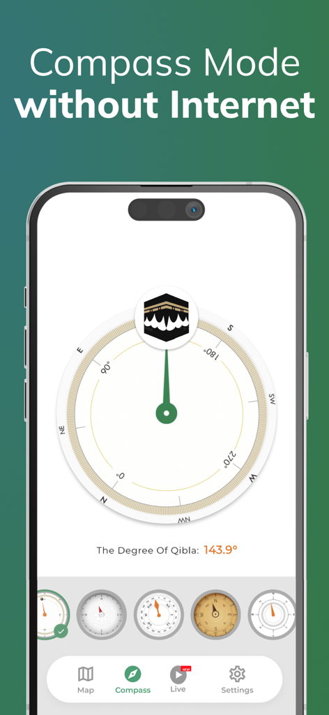 Qibla Finder 100% اتجاه القبلة - Qibla Finder App-Oberfläche zeigt den Kompassmodus, der ohne Internetverbindung funktioniert