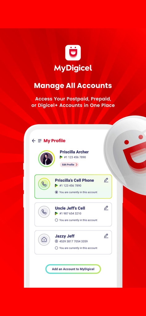 MyDigicel - MyDigicel app interface showing the manage all accounts feature with multiple family member profiles