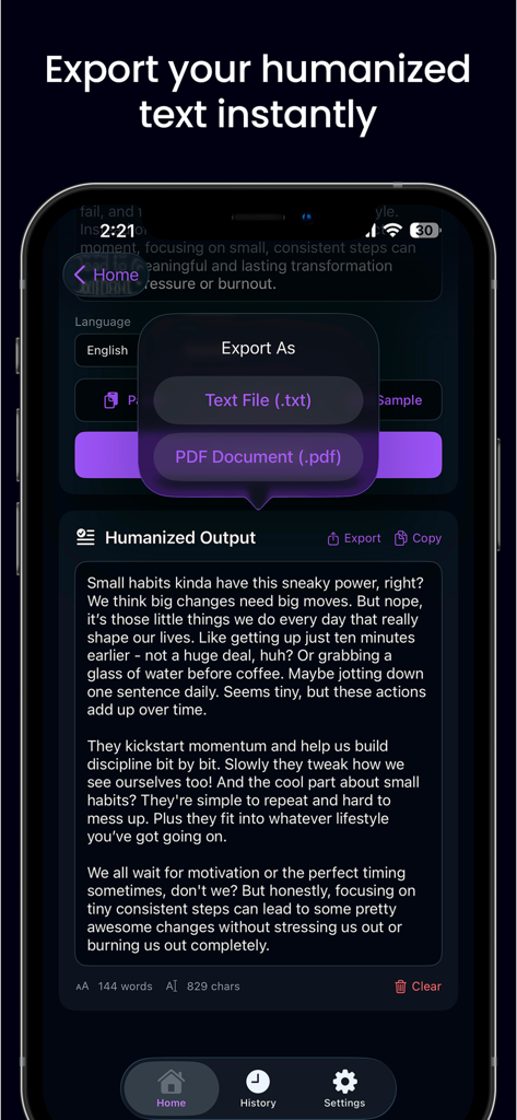 Grubby AI Humanize AI Text - Grubby AI app interface showing a humanized text output with options to export as a text file or PDF document.