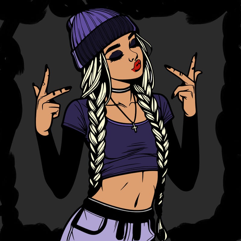 realistic teenage girl with braids and a beanie and crop top doing 🫶🏼