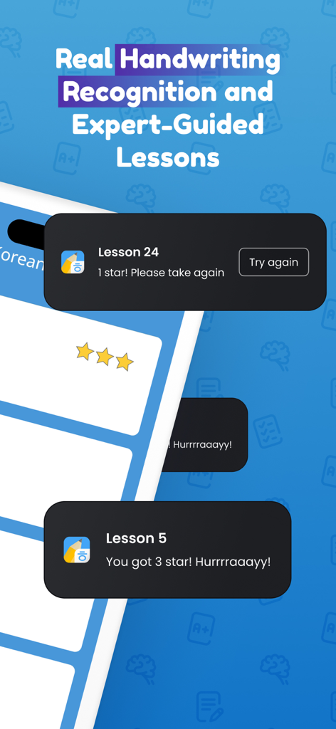 Interface of Write It Korean app showing handwriting recognition feedback and lesson completion scores