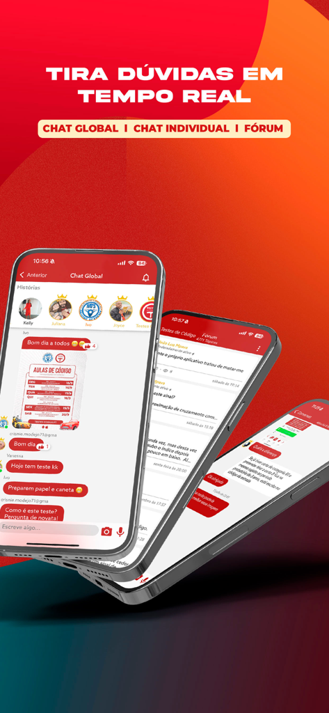 Interfaccia di chat e forum in tempo reale per la preparazione all'esame di guida portoghese.