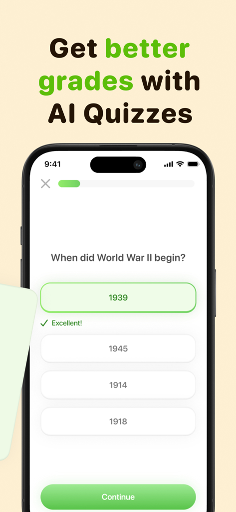 Focus Tree: Timer & Flashcards - Focus Tree app showing an AI quiz interface with a multiple-choice history question about World War II