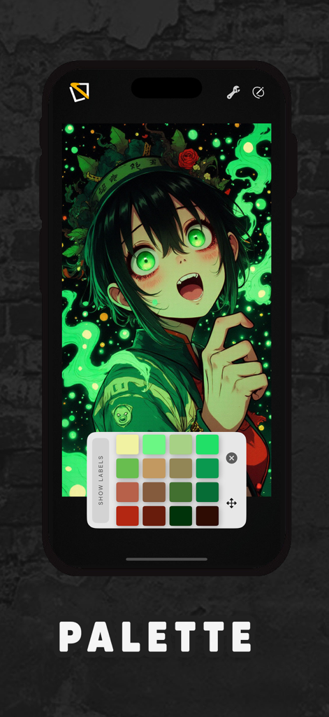 TatToolkit - TatToolkit App-Bildschirm, der einen Farbpalettengenerator zur Abstimmung von Tattoo-Tinten mit einer digitalen Illustration zeigt