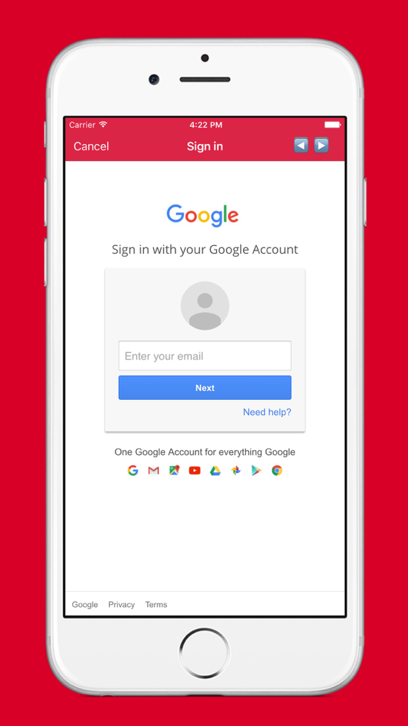 Pantalla de inicio de sesión de cuenta de Google para la aplicación Cloud Music