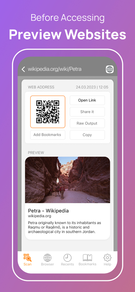 قارئ الباركود - Barcode reader - Barcode reader app interface showing a website preview of a scanned QR code link for Petra Wikipedia page