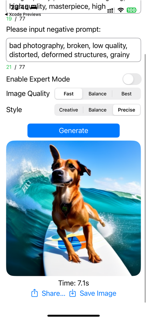 Local AI Art Private Diffusion - Local AI Art Private Diffusion mobile interface showing a generated image of a dog surfing with prompt settings