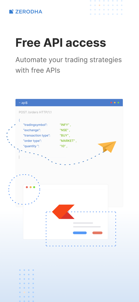 Zerodha Kite promotional image featuring free API access for automating trading strategies with a sample code snippet.