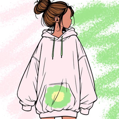 realistic girl with a oversized sweatshirt on and a bun