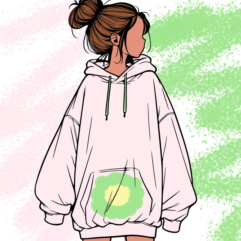 realistic girl with a oversized sweatshirt on and a bun