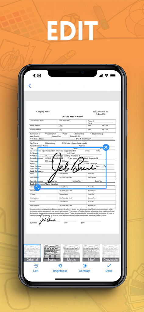 Scanner HD - PDF Scanner App - Écran d'iPhone affichant l'ajout d'une signature numérique à un document numérisé dans l'application Scanner HD