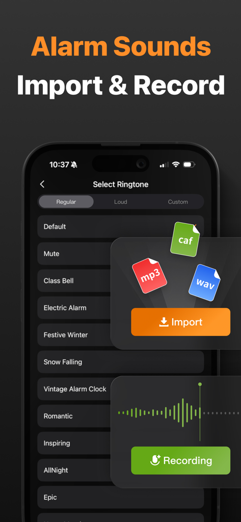 Alarm Clock - iPhone에서 맞춤 벨소리를 선택, 가져오기 및 녹음하는 옵션을 보여주는 알람 시계 앱의 인터페이스.