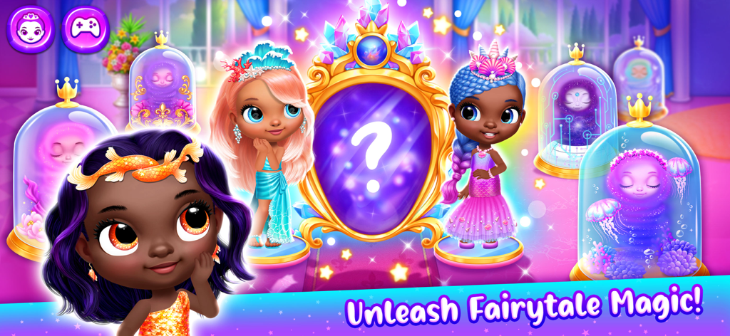 Lindas muñecas de princesas y cúpulas de cristal misteriosas en un castillo mágico