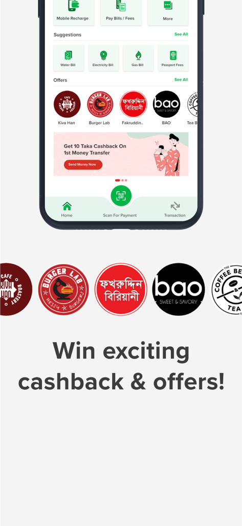 tap: Trust And Pay - Mobile app screen for tap wallet showing bill payment options and merchant cashback offers