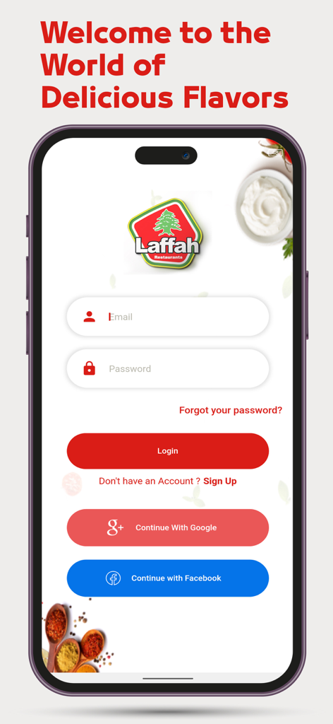 Pantalla de inicio de sesión de la app del Restaurante Laffah mostrando campos para correo electrónico y contraseña junto con botones de inicio de sesión social para Google y Facebook.