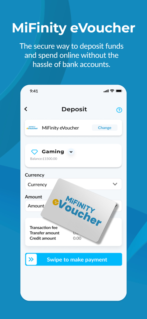 Interfaz de la aplicación MiFinity mostrando la pantalla de depósito de eVoucher para pagos en línea seguros