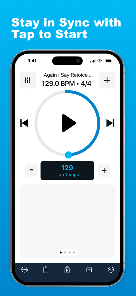 Loops & Clicks - LiveTrackz - LiveTrackz app interface showing tap tempo and metronome controls for a live music performance