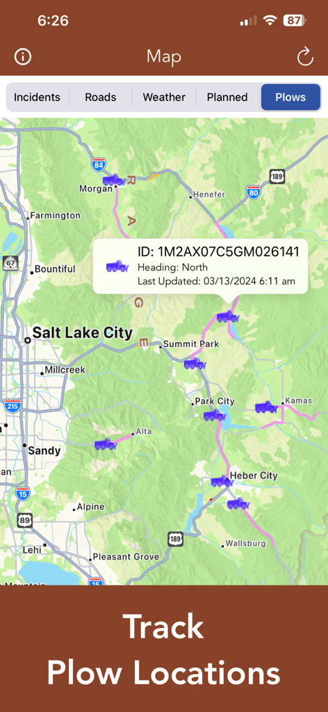UDOT Road Conditions - Map showing live snow plow locations in the UDOT Road Conditions app