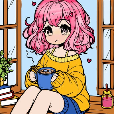 cute anime girl reading book and drinking hot chocolate from mug with loose wavy hair wearing a baggy sweatshirt and shorts sitting by windowsill looking out