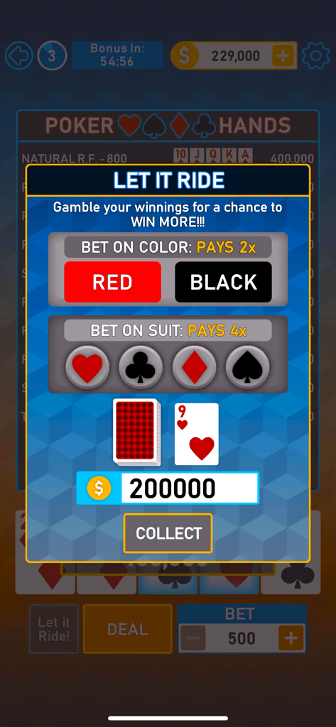 Let It Ride Gamble-Bildschirm in der Video-Poker-App