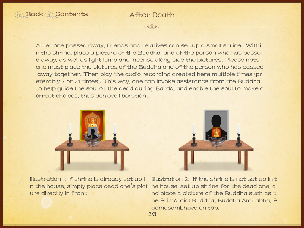Tibetan Book of the Dead - Two illustrations showing how to set up a memorial shrine with Buddha and photos of the deceased.