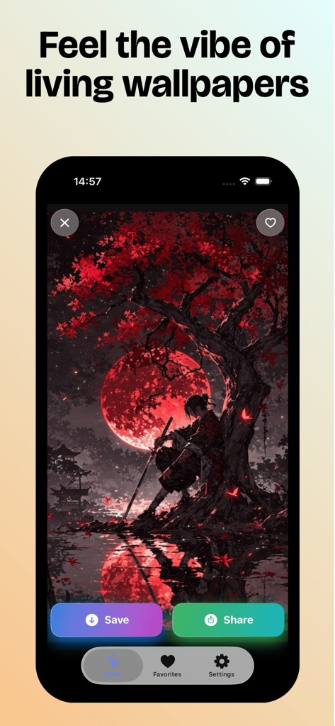 Anime Live wallpaper 4k - Interface of Anime Live wallpaper 4k app showing a samurai under a red moon