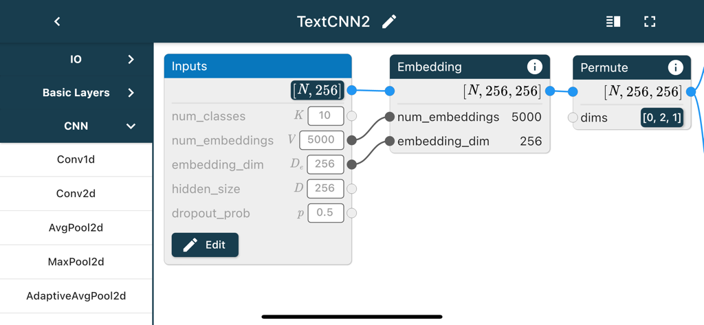 Interface of a visual neural network model editor with connected blocks for input and embedding layers.