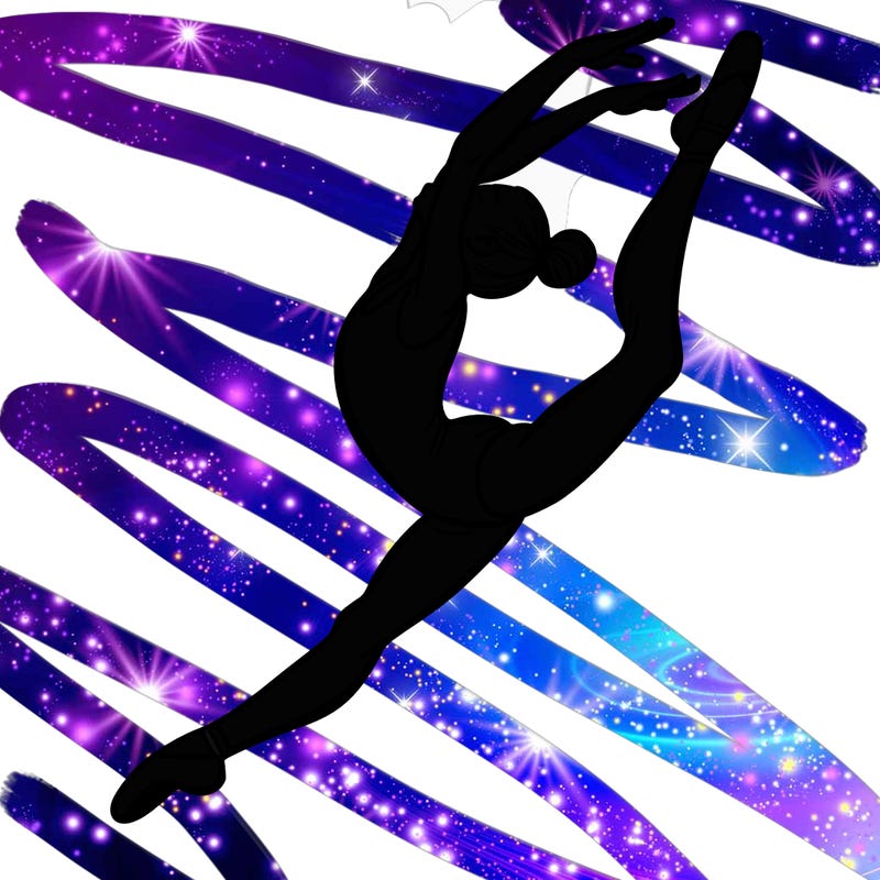 gymnast doing a leap in a leotard with a bent back leg